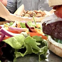 Oak House - Delicious Krang burger--made with white means.  With fresh side salad.