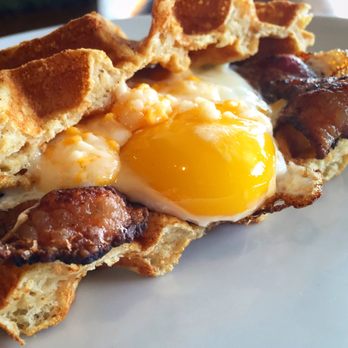 Cafe Stella - Buttermilk Waffle Sandwich / warm waffle, bacon, egg, cheddar - Coffee & Tea Near Me - Norfolk, Virginia