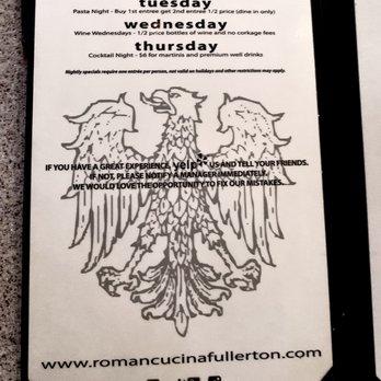 Roman Cucina - 10/28/21 nightly specials menu - Italian Near Me - Fullerton, California