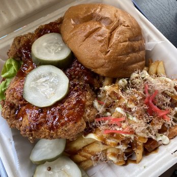 The Row Kaka'ako - Spicy fried chicken sandwich and upgraded to okonomiyaki fries - Sports Bars Near Me - Honolulu, Hawaii