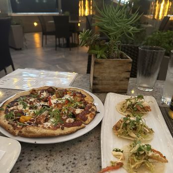 Andrei's Restaurant - Chef's Daily Pizza (barbecue chicken) and Mini Fish Tacos - New American Near Me - Irvine, California Andrei's Restaurant - Chef's Daily Pizza (barbecue chicken) and Mini Fish Tacos - New American Near Me - Irvine, California