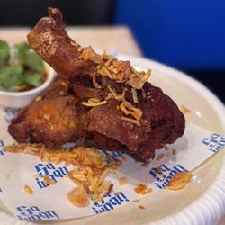 Hatyai Crisp: Southern-style Thai Fried Chicken w/ crispy shallots, turmeric (2 pc-$17)