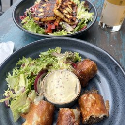 Halloumi salad and Haggis Spring Rolls