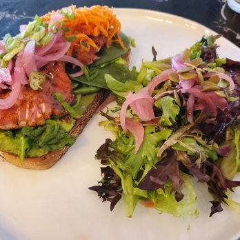 Graze - Ahi tuna tartine plated with a beautifully dressed salad - Waffles Near Me - Tampa, Florida