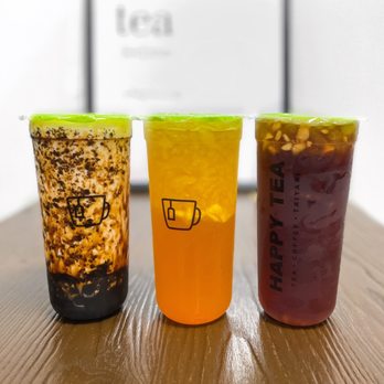 Happy Tea Cafe - Oreo Creme Brulee with boba, Mango Green Tea with fruit bits, Peach Black Tea with fruit bits - Coffee & Tea Near Me - La Quinta, California