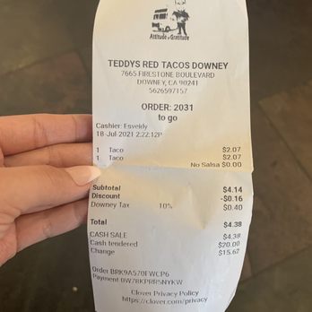 Teddy’s Red Tacos - Receipt - Food Trucks Near Me - Downey, California Teddy’s Red Tacos - Receipt - Food Trucks Near Me - Downey, California