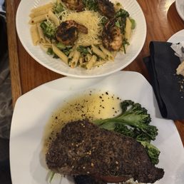 Penne Pasta w Broccolini, add blackened shrimp. NY strip. Penne Pasta w Broccolini, add blackened shrimp. NY strip.