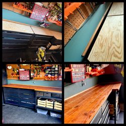 Knock Knock Contractor - Built a wood tabletop on our preexisting workbench set. Added trim, sanded it, rounded off the corners and edges and stained it.