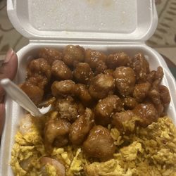 China Hot - Sesame chicken with shrimp fried rice with egg.