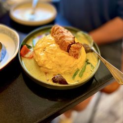 Green Curry Omelette with Crispy Pork Belly