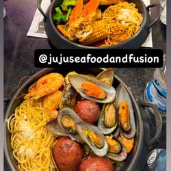 JuJu Seafood and Fusion - Seafood boil with garlic noodles and potatoes