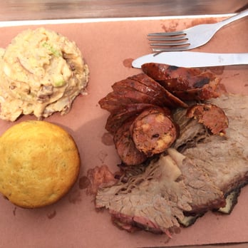 Roaming Buffalo BBQ - Brisket and sausage with corn muffin and potato salad - Barbeque Near Me - Denver, Colorado