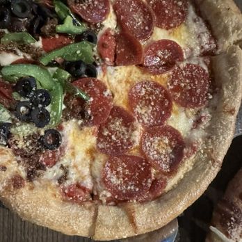 Mellow Mushroom Orlando - Custom pizza, half pepperoni, half pepperoni,sausage,green peppers, and black olives - Pizza Near Me - Orlando, Florida Mellow Mushroom Orlando - Custom pizza, half pepperoni, half pepperoni,sausage,green peppers, and black olives - Pizza Near Me - Orlando, Florida