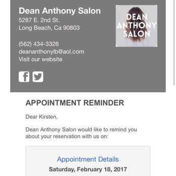 Dean Anthony Salon - Appointment Confirmation - Hair Salons Near Me - Long Beach, California Dean Anthony Salon - Appointment Confirmation - Hair Salons Near Me - Long Beach, California