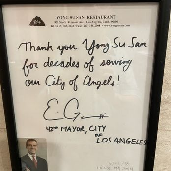 Yong Su San - Mayor Eric Garceti autograph. - Korean Near Me - Los Angeles, California