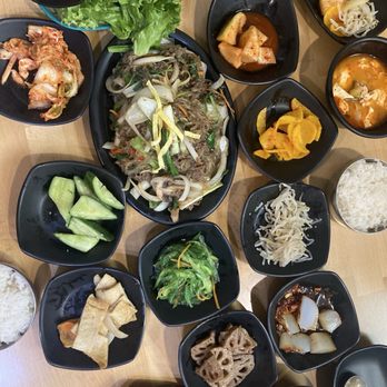 Han Il Kwan - Ban chon, japchae, bbq beef and chicken, tofu soup.  Everything all the side dishes - Korean Near Me - San Francisco, California