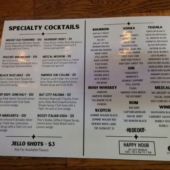 Hideout Pub - Bar menu - Pubs Near Me - Austin, Texas