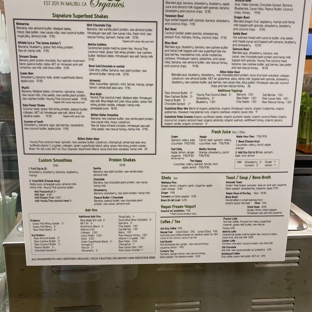 Sunlife Organics - Menu (should have gotten a photo but once you order they will have you pick it up at the outside window) - Juice Bars & Smoothies Near Me - Malibu, California