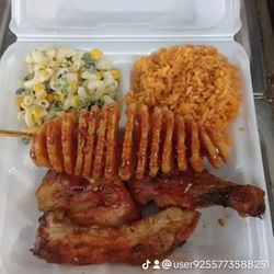 El Sloppy Grilled Chicken - 2pc Chicken Plate W/ 2 sides Mexican Rice and Pasta Salad. Included is half portion of Spiral Potatoe.