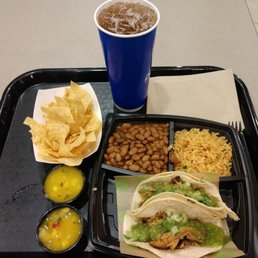 Two taco combo, Baja Style with pinto beans. The mango salsa is great.