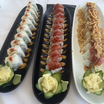 Fishermen's View - Crispy dragon roll, spicy tuna lobster roll, and torched scallop roll - New American Near Me - Sandwich, Massachusetts Fishermen's View - Crispy dragon roll, spicy tuna lobster roll, and torched scallop roll - New American Near Me - Sandwich, Massachusetts