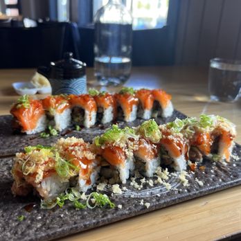 Live Sushi Bar - Giants Roll (in front) and Bergschneider Roll (in back) - Sushi Bars Near Me - San Francisco, California