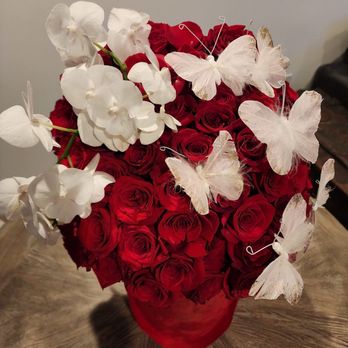 La Fleur Eclose - Red roses with white butterflies - Florists Near Me - Encino, California