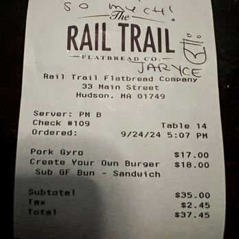 Rail Trail Flatbread - Personalized receipt - Bars Near Me - Hudson, Massachusetts