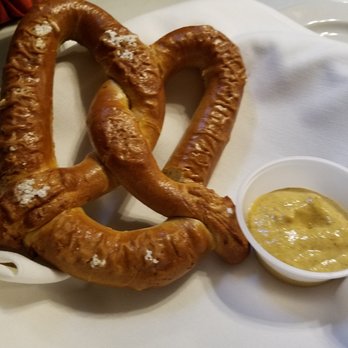 The Rathskeller - hot pretzel with wicked strong horseradish mustard - German Near Me - Indianapolis, Indiana