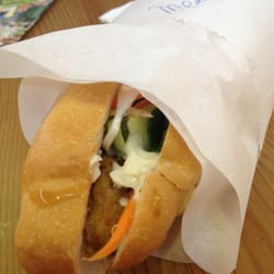 Chicken meat ball banh mi with lashings of chilli - yummy