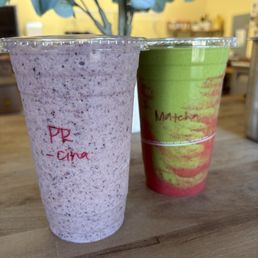Purple Rain, almond milk, blueberries, banana. Matcha Muse, coconut milk, spinach, avocado, matcha, strawberry drizzle. Purple Rain, almond milk, blueberries, banana. Matcha Muse, coconut milk, spinach, avocado, matcha, strawberry drizzle.