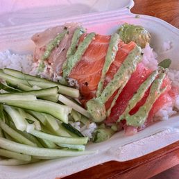Always Sunny poke bowl ($15) - ahi tuna, salmon, yellowtail, krab, ginger guacamole, cucumber, green goddess sauce Always Sunny poke bowl ($15) - ahi tuna, salmon, yellowtail, krab, ginger guacamole, cucumber, green goddess sauce