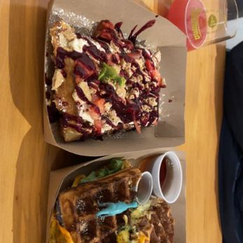 Sweet As Waffles - Mondo Canadian Quesadilla and Baker Blast w/strawberries - Food Trucks Near Me - Bellingham, Washington Sweet As Waffles - Mondo Canadian Quesadilla and Baker Blast w/strawberries - Food Trucks Near Me - Bellingham, Washington