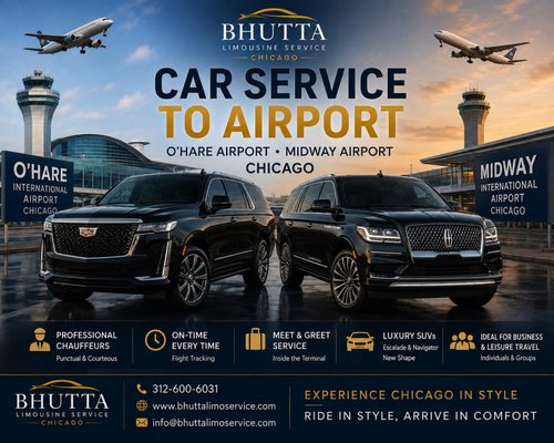 Chicago Airport & Event Transportation ⭐ - Bhutta Limousine Service provides luxury transportation throughout Chicago and the surrounding suburbs. Our fleet includes premium SUVs, Executive Mercedes-Benz Sprinters, limo-style Sprinters, stretch limousines, party buses, and executive transportation for airport transfers, corporate travel, weddings, graduations, birthdays, concerts, sporting events, hotel transportation, proms, city tours, and private charters. We proudly serve O’Hare International Airport (ORD), Midway Airport (MDW), Downtown Chicago, Rosemont, Schaumburg, Naperville, Evanston, Skokie, Oak Brook, Northbrook, and nearby communities. Whether you need transportation for one passenger or a large group, our professional chauffeurs are committed to providing safe, reliable, and comfortable service. Contact Bhutta Limousine Service today to reserve your luxury transportation in Chicago. Chicago Airport & Event Transportation ⭐ - Bhutta Limousine Service provides luxury transportation throughout Chicago and the surrounding suburbs. Our fleet includes premium SUVs, Executive Mercedes-Benz Sprinters, limo-style Sprinters, stretch limousines, party buses, and executive transportation for airport transfers, corporate travel, weddings, graduations, birthdays, concerts, sporting events, hotel transportation, proms, city tours, and private charters. We proudly serve O’Hare International Airport (ORD), Midway Airport (MDW), Downtown Chicago, Rosemont, Schaumburg, Naperville, Evanston, Skokie, Oak Brook, Northbrook, and nearby communities. Whether you need transportation for one passenger or a large group, our professional chauffeurs are committed to providing safe, reliable, and comfortable service. Contact Bhutta Limousine Service today to reserve your luxury transportation in Chicago.