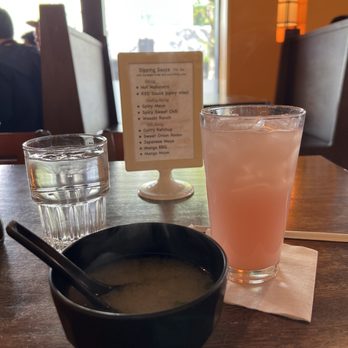 Karaage Setsuna - Miso soup and White Peach Soda - Japanese Near Me - Seattle, Washington