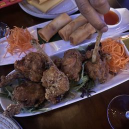 Appetizers: chicken, lollipop, and veggie spring rolls Appetizers: chicken, lollipop, and veggie spring rolls