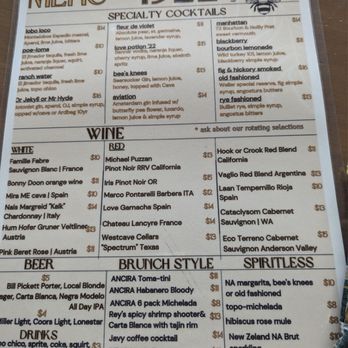 1922 Libations and Bites - The menu from 1922 Libations and Bites offers a selection of cocktails, wines, beers, brunch options, and non-alcoholic drinks, with prices listed for each item. - Cocktail Bars Near Me - Taylor, Texas
