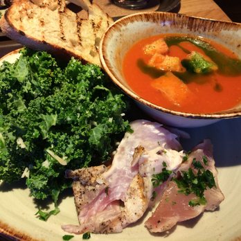 Tender Greens - plate: herb brushed tuna, kale salad, roasted tomato soup (substituted soup for the side for $1.50) - New American Near Me - Pasadena, California Tender Greens - plate: herb brushed tuna, kale salad, roasted tomato soup (substituted soup for the side for $1.50) - New American Near Me - Pasadena, California