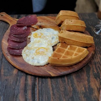 Cafe Bubamara - Waffles, with prosciutto, and sunny side up eggs - Modern European Near Me - Clifton, New Jersey