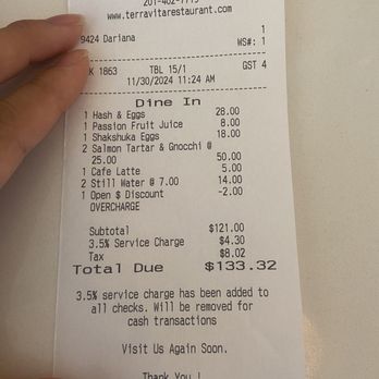 Terravita - 3.5% service charge for credit cards - New American Near Me - Edgewater, New Jersey