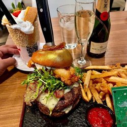 Slater's 50/50 - Whale burger!  Strawberry cheesecake milkshake