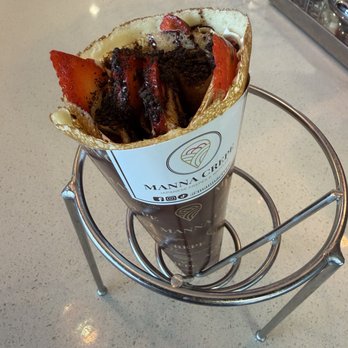 Manna Crepe - Strawberry yogurt crepe with chocolate sauce and Oreos - Creperies Near Me - Katy, Texas Manna Crepe - Strawberry yogurt crepe with chocolate sauce and Oreos - Creperies Near Me - Katy, Texas