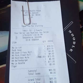 Reckless Noodle House - Not bad for two people with drinks (happy hour Saturday until 4pm) - Bars Near Me - Seattle, Washington