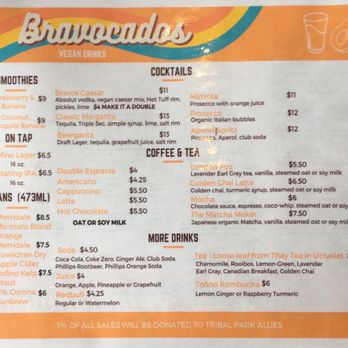 Bravocados - Drink menu - Vegan Near Me - Tofino, British Columbia