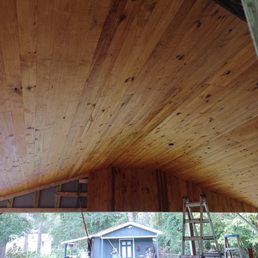 A pic of the inside of our roof we are putting over our patio. We needed 1 more board to stain and nail up. A pic of the inside of our roof we are putting over our patio. We needed 1 more board to stain and nail up.