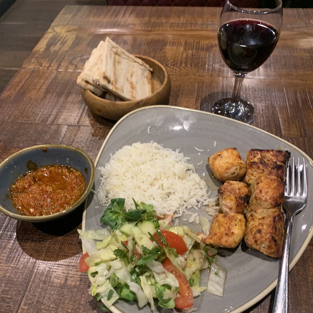 Southbank - Chicken kebab rice salad, side of pita bread. And the dipping sauce was delicious! - Mediterranean Near Me - London, XGL Southbank - Chicken kebab rice salad, side of pita bread. And the dipping sauce was delicious! - Mediterranean Near Me - London, XGL