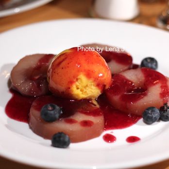 Blonde Restaurants - Red wine poached pear; mango and orange sorbet; blueberry and lemon syrup - British Near Me - Edinburgh, EDH Blonde Restaurants - Red wine poached pear; mango and orange sorbet; blueberry and lemon syrup - British Near Me - Edinburgh, EDH