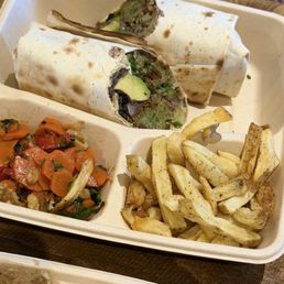 Falafel Wrap with a side of Fries and Spiced Carrot & Walnut Falafel Wrap with a side of Fries and Spiced Carrot & Walnut