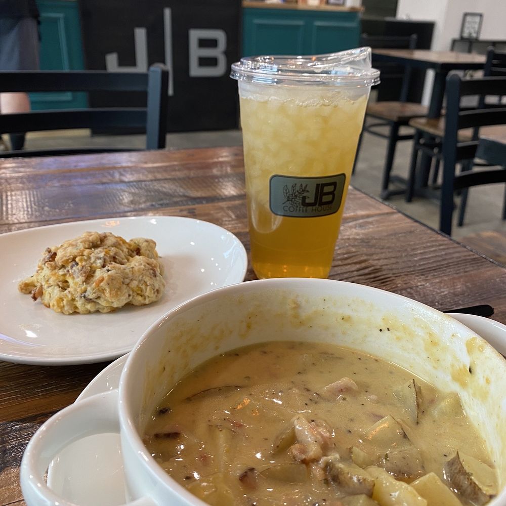 Soup of the day with Rosemary Cheddar bacon biscuit and green tea! Soup is delicious! Soup of the day with Rosemary Cheddar bacon biscuit and green tea! Soup is delicious!