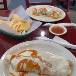 Los Charros Mexican Restaurant - Supreme Burrito- Steak, Chicken, Shrimp, Queso Chips and Salsa
